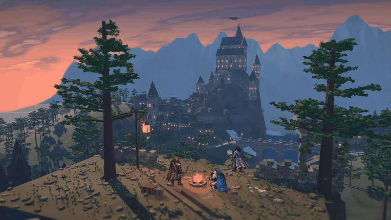 A castle above a forest campfire at sunset in Blades and Bonfires